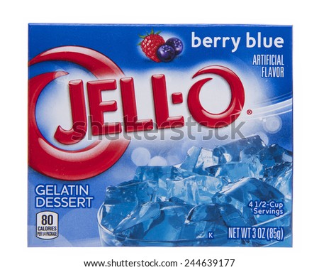 ALAMEDA , CA - JANUARY 14, 2015: 3 ounce box of Jello brand Berry Blue flavor jello mix. Artificial Flavor.