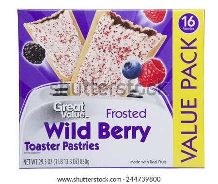 ALAMEDA, CA - JANUARY 14, 2015: 29.3 ounce box of Great Value brand Toaster Pastries. Wild Berry Flavor. Value Pack with 16 Toaster Pastries. Made with Real Fruit.