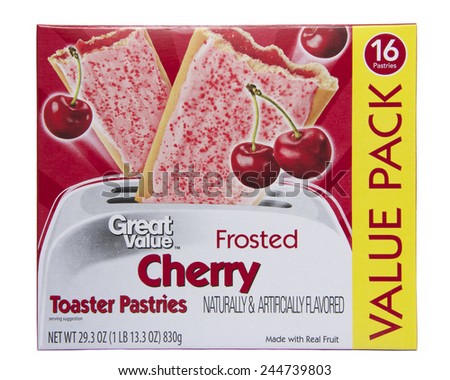 ALAMEDA, CA - JANUARY 14, 2015: 29.3 ounce box of Great Value brand Toaster Pastries. Frosted Cherry Flavor. Value Pack with 16 Toaster Pastries. Made with Real Fruit.