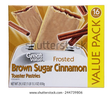 ALAMEDA, CA - JANUARY 14, 2015: 29.3 ounce box of Great Value brand Toaster Pastries. Frosted Brown Sugar Cinnamon. Naturally and Artificially Flavored. Value Pack with 16 Toaster Pastries.