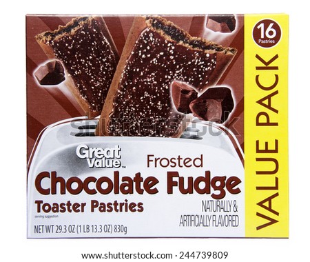 ALAMEDA, CA - JANUARY 14, 2015: 29.3 ounce box of Great Value brand Toaster Pastries. Frosted Chocolate Fudge Flavor. Naturally and Artificially Flavored. Value Pack with 16 Toaster Pastries.