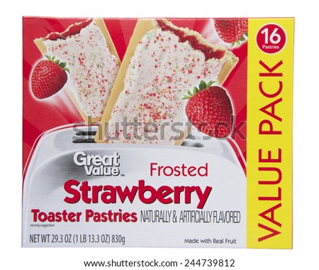 ALAMEDA, CA - JANUARY 14, 2015: 29.3 ounce box of Great Value brand Toaster Pastries. Frosted Strawberry. Value Pack with 16 Toaster Pastries. Made with Real Fruit.