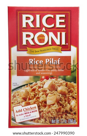 ALAMEDA, CA - JANUARY 21, 2015: 7.2 ounce box of Rice A Roni brand Rice Pilaf. Light mix of Tender Rix, Pasta, Herbs and Seasonings. The San Francisco Treat. Add Meat to make Rice-A-Roni a meal.