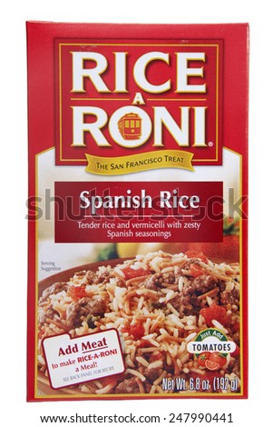 ALAMEDA, CA - JANUARY 21, 2015: 6.8 ounce box of Rice A Roni brand Tender Rice and Vermicelli with Zesty Spanish Seasonings. Spanish Rice. The San Francisco Treat. Add Meat to make Rice-A-Roni a meal.