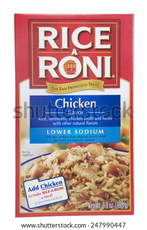 ALAMEDA, CA - JANUARY 21, 2015: 6.9 ounce box of Rice A Roni brand Rice, Vermicelli, Chicken Broth and herbs with other Natural Flavors. Lower Sodium, Chicken Flavor. The San Francisco Treat.