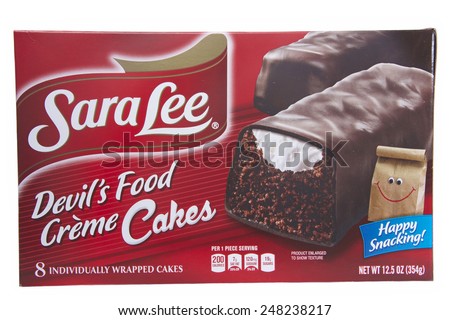 ALAMEDA, CA - JANUARY 21, 2015: 12.5 ounce box with 8 individually wrapped Sara Lee brand Devil\'s Food Cream Cakes. Happy Snacking!