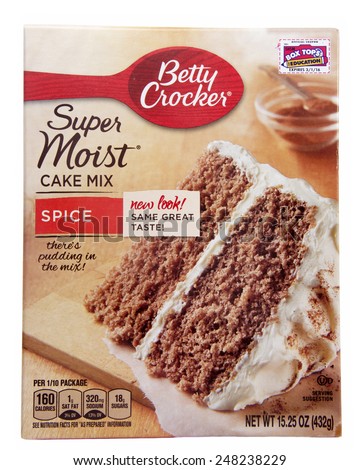 ALAMEDA, CA - JANUARY 21, 2015: 15.25 ounce box of Betty Crocker brand Super Moist Spice Cake Mix. There\'s Pudding in the Mix! New Look! Same Great Taste!