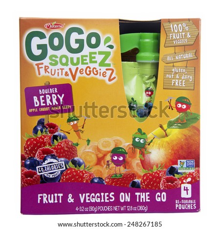 ALAMEDA, CA - JANUARY 21, 2015: 12.8 ounce box with four 3.2 ounce pouches of Materne brand GoGo Squeez 100 percent Fruit and Veggiez on the go. Apple, Carrot, mixed Berry Flavor.