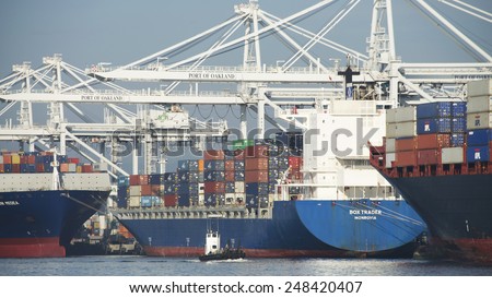OAKLAND, CA - JANUARY 28, 2015: Liberia based Cargo Ship BOX TRADER loading at the Port of Oakland. Oakland\'s cargo volume makes it the fifth busiest container port in the United States.