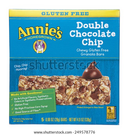 ALAMEDA, CA - FEBRUARY 02, 2015: 4.9 ounce box with five 0.98 ounce bars Organic Double Chocolate Chip Chewy Granola Bars. Annie\'s Homegrown brand.  Healthy Snack for adults and children. Gluten Free.