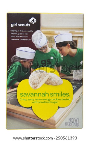 ALAMEDA, CA - FEBRUARY 05, 2015: Illustrative Editorial of Girl Scout Cookies, Little Brownie Baker brand Savannah Smiles, Crisp Zesty Lemon Wedge Cookies Dusted with Powdered Sugar. 6 ounce box.