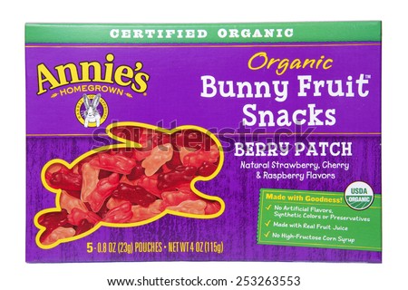 ALAMEDA, CA - FEBRUARY 12, 2015: Illustrative Editorial of one 4 ounce box Annie\'s Homegrown Brand Organic Bunny Fruit Snacks. Berry Patch. Natural Strawberry, Cherry and Raspberry Flavors.