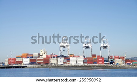 OAKLAND, CA - FEBRUARY 24, 2015: The Port of Oakland Outer Harbor view from Middle Harbor park, Thousands of Shipping containers line the docks waiting transport via ship, railway and trucks.