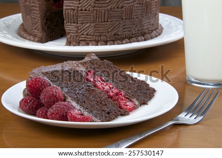 Slice of Homemade chocolate raspberry cake on a plate with a fork, glass of milk and cut cake in the background on a wood table.