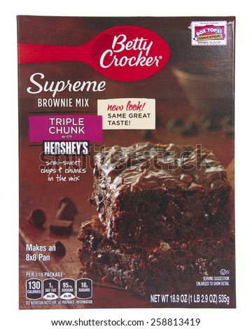 ALAMEDA, CA - FEBRUARY 23, 2015: Illustrative Editorial of one 18.9 ounce box of Betty Crocker Brand Supreme Brownie Mix. Triple Chunk Chocolate with Hershey\'s semi-sweet chips and chunks in the mix.