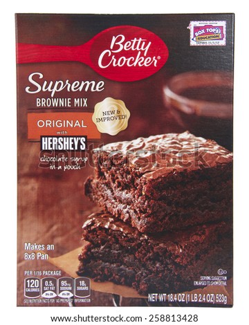 ALAMEDA, CA - FEBRUARY 23, 2015: Illustrative Editorial of one 18.4 ounce box of Betty Crocker brand Original Supreme Brownie Mix with Hershey\'s chocolate syrup pouch in the box. New and Improved.