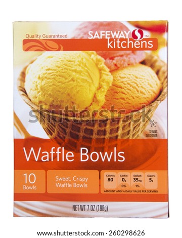 ALAMEDA, CA - MARCH 12, 2015: Illustrative Editorial of one box of Safeway Kitchens brand Waffle Bowls. Ten Sweet, Crispy Waffle Bowls per box. Use for ice cream.