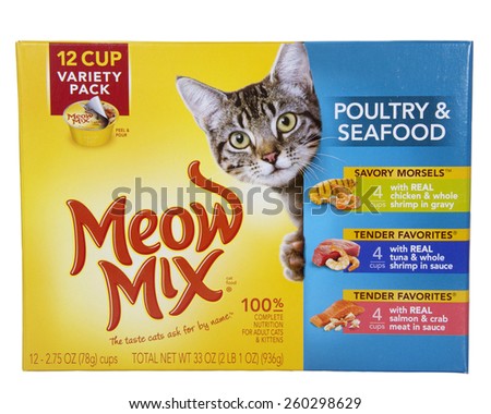 ALAMEDA, CA - MARCH 12, 2015: Illustrative Editorial of one 33 ounce box with twelve 2.75 ounce cups of Meow Mix brand Poultry and Seafood cat food.