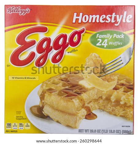ALAMEDA, CA - MARCH 12, 2015: Illustrative Editorial of one 29.6 ounce box Kelloggs brand Homestyle Eggo Waffles. Family Pack with 24 waffles.