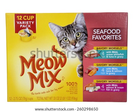 ALAMEDA, CA - MARCH 12, 2015: Illustrative Editorial of one 33 ounce box with twelve 2.75 ounce cups of Meow Mix brand Seafood Favorites cat food.
