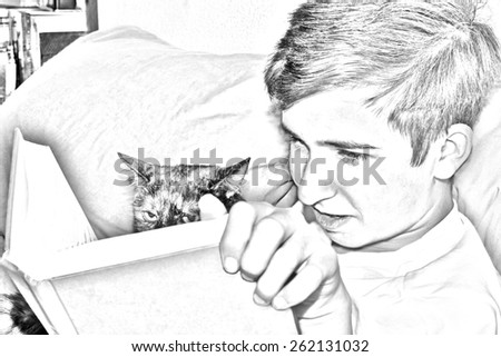 Young boy in bed reading a book with his cat. Cat looks unhappy or annoyed. Sketch image black and white.