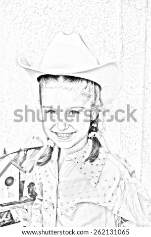 Young girl in western outfit cowgirl. Wearing hat and rhinestone shirt. Sketch image black and white. Portrait view