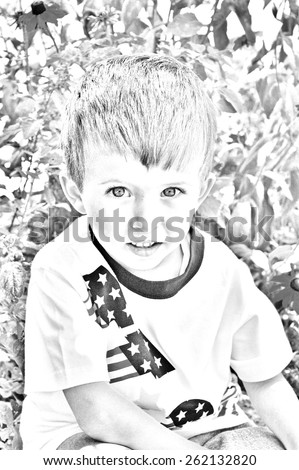 Young boy looking sitting in flower garden. Sketch image black and white.