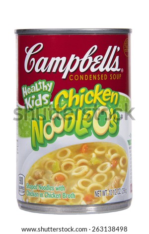 ALAMEDA, CA - MARCH 23, 2015: Illustrative Editorial of one 10.5 ounce can of Campbell\'s brand Condensed Soup. Healthy Kids Chicken Noodle O\'s. Shaped Noodles with chicken in chicken broth.