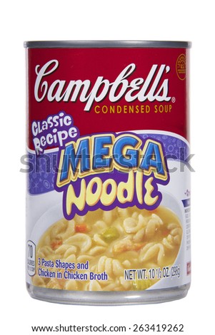 ALAMEDA, CA - MARCH 23, 2015:one 10.5 ounce can of Campbell's brand Condensed Soup. Classic Recipe, Mega Noodle.