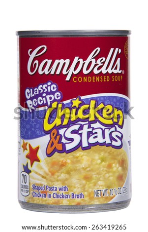 ALAMEDA, CA - MARCH 23, 2015: one 10.5 ounce can of Campbell\'s brand Condensed Soup. Classic Recipe Chicken and Stars.