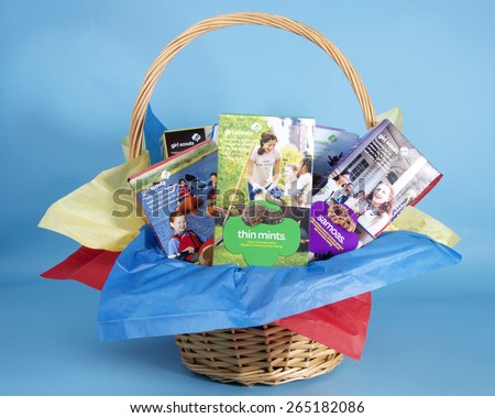 ALAMEDA, CA - MARCH 29, 2015: Illustrative editorial of all seven varieties of Girl Scout Cookies baked by Little Brownie Bakers, presented in a gift basket.
