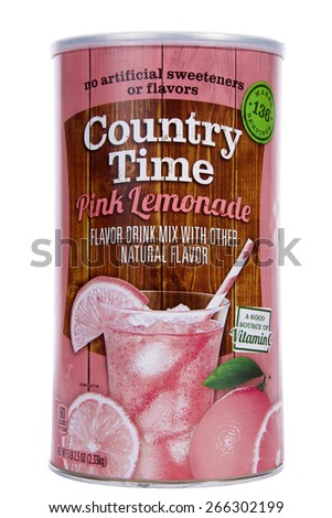 ALAMEDA, CA - MARCH 31, 2015: Illustrative Editorial of one 5 pound cannister of Country Time brand Pink Lemonade Powdered drink mix. No Artificial Sweeteners or Flavors.