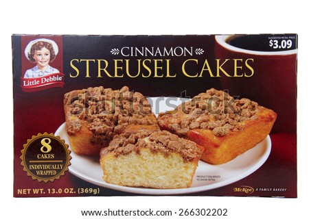 ALAMEDA, CA - MARCH 31, 2015: Illustrative Editorial of one 13 ounce box Little Debbie Brand Cinnamon Streusel Cakes. Eight Individually Wrapped snack cakes.