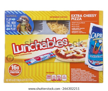 ALAMEDA, CA - MARCH 31, 2015: Illustrative Editorial of  4.6 ounce package Lunchables Brand Extra Cheesy Pizza Lunch Combination. With Capri Sun Juice and Air Head candy.