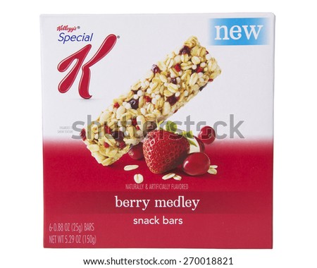 ALAMEDA, CA - FEBRUARY 23, 2015: Illustrative Editorial of one 5.29 ounce box of Kellogg\'s brand Berry Medley Special K Snack Bars. Six bars per box.