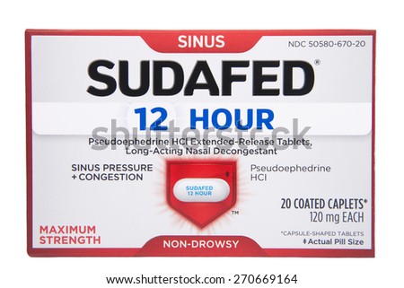 ALAMEDA, CA - MARCH 19, 2015: Illustrative Editorial of one box Sudafed brand allergy capsules. Psudoephedrine HCl Extended Release Tablets. Long Acting Nasal Decongestant. Maximum Strength.