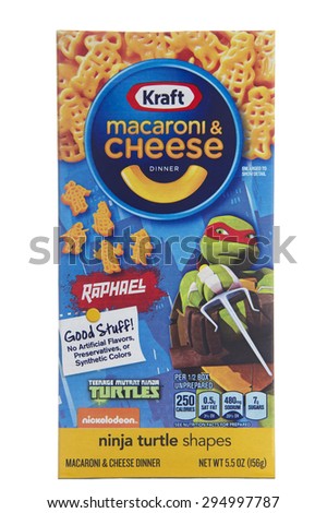 ALAMEDA, CA - JULY 08, 2015: One 5.5 ounce box of Kraft brand Macaroni and Cheese dinner. Teenage Mutant Ninja Turtle Shaped Pasta.