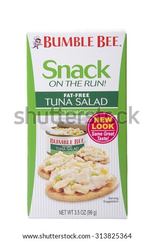 ALAMEDA, CA - SEPTEMBER 04, 2015:  3.5 ounce box of Bumble Bee brand Snack On The Run Fat Free Tuna Salad with Wheat Crackers. Great snack for adults and kids on the go.