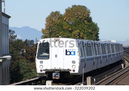 FRUITVALE, CA - SEPTEMBER 26, 2015: The San Francisco Bay Area Rapid Transit train, referred to as BART, carries commuters to their destinations in San Francisco, the East Bay and San Mateo County.