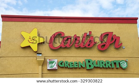 ALAMEDA, CA - OCTOBER 18, 2015: Carls Jr. Green Burrito Restaurant exterior. An American based fast food restaurant chain, Carl\'s Jr has more than 300 dual branded Carl\'s Jr. Green Burrito locations.
