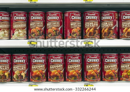 ALAMEDA, CA - OCTOBER 27, 2015: Campbell\'s soup on store shelf. Campbell Soup Company, is an American producer of canned soups and related products sold in 120 countries around the world