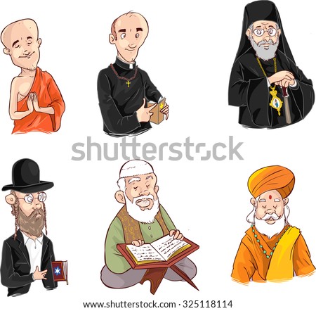 People of different religion in traditional clothing. Islam, judaism, buddhism, orthodox, catholic, hinduism illustration