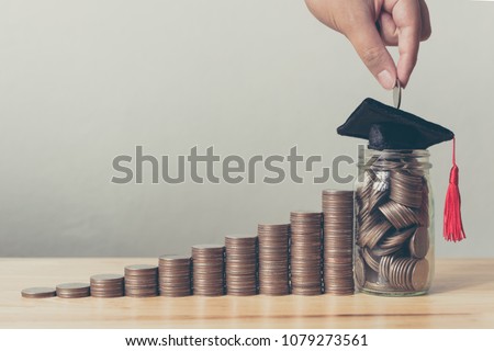 Scholarship money concept. Hand of male or female putting coins in jar with money stack step growing growth saving money investment
