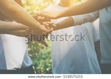 Team teamwork business join hand together concept, Power of volunteer charity work, Stack of people hand