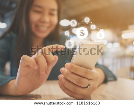 Asian woman hand using mobile phone with online transaction application, Concept financial technology (fintech)