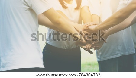 Team teamwork business join hand together concept, Power of male and female volunteer charity work, Stack of people hand
