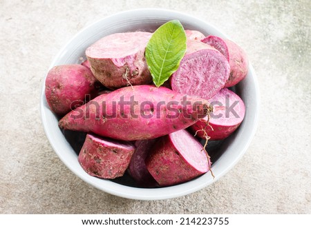 Purple Colored Sweet Potatoes cut prepare for cook