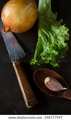 organic onion with knife pu on grunge background, still life image dark tone