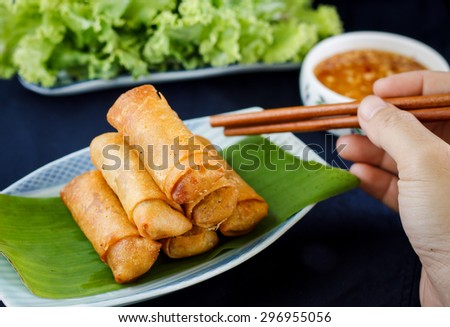 Chinese spring rolls with vegetable on blue cloth background, sill life image dark tone. with hand moving.