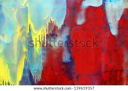 bright red rusty metal with yellow paint drips grunge texture, background